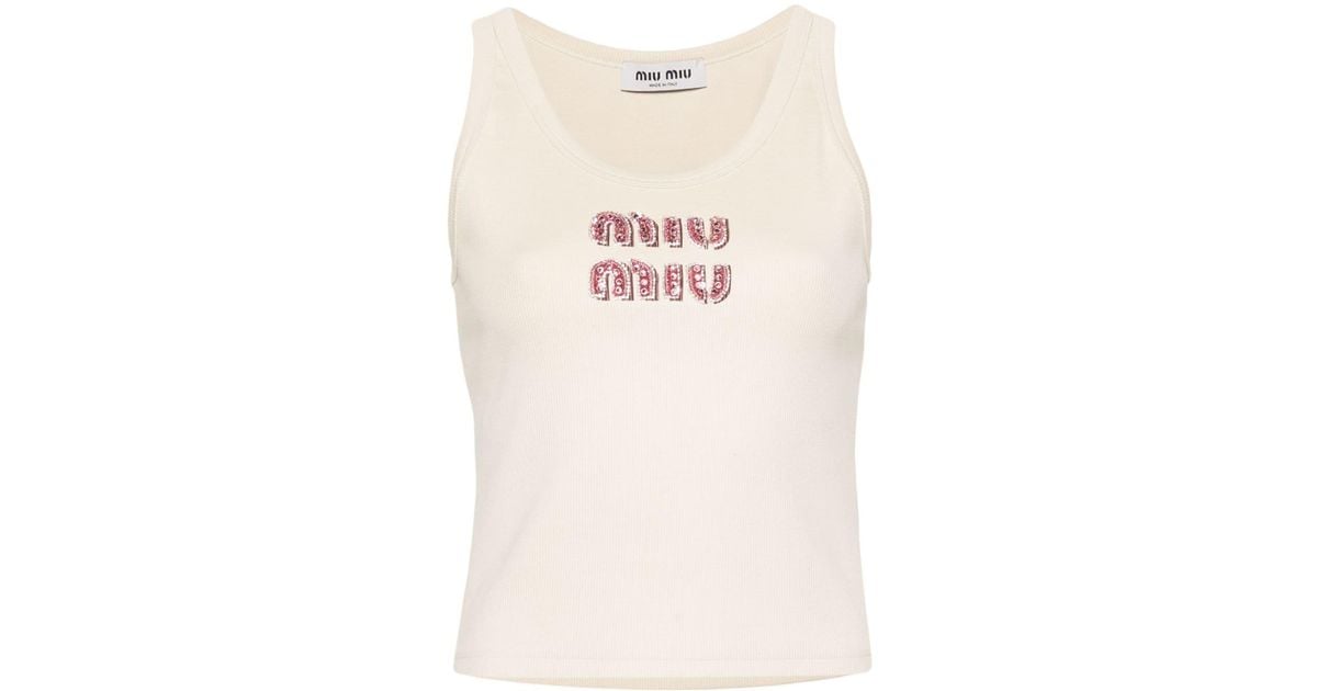 Miu Miu Logo-embellished Ribbed Tank Top in Pink | Lyst