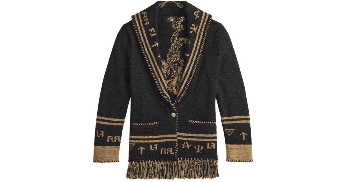 RRL Fringed Cardigan in Black | Lyst