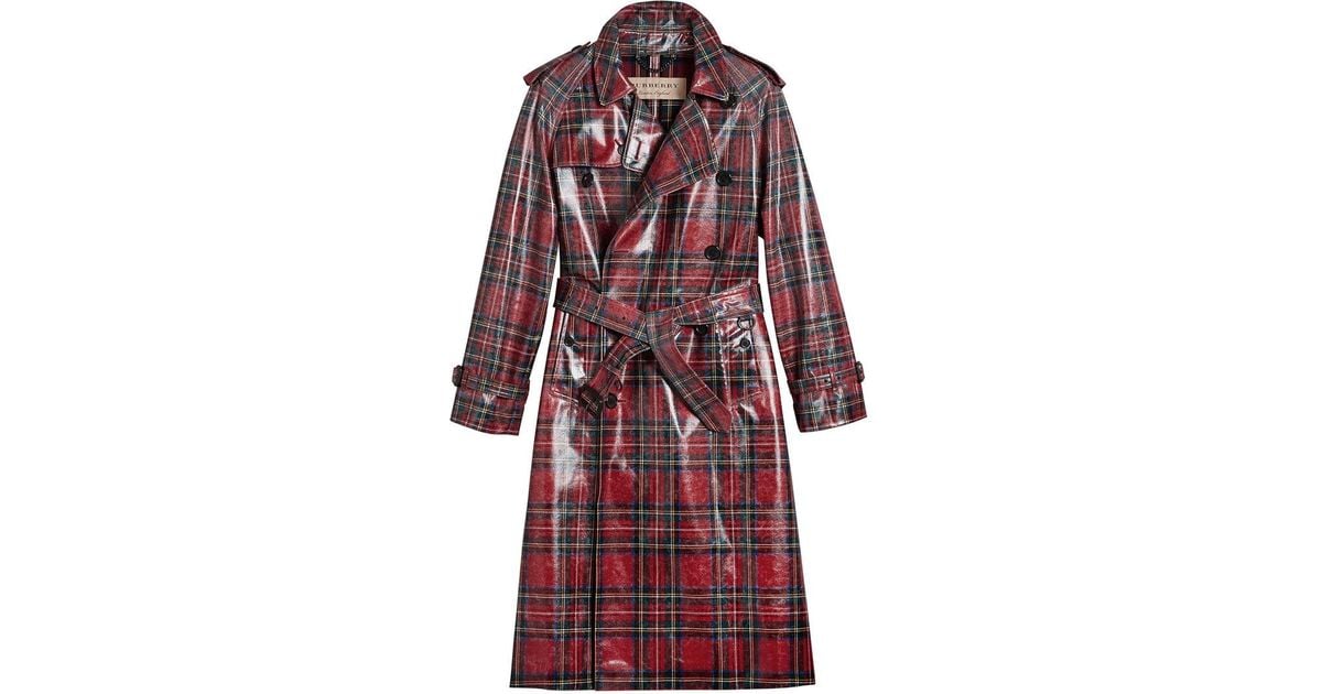 Burberry Patent Tartan Trench Coat in Red for Men | Lyst UK