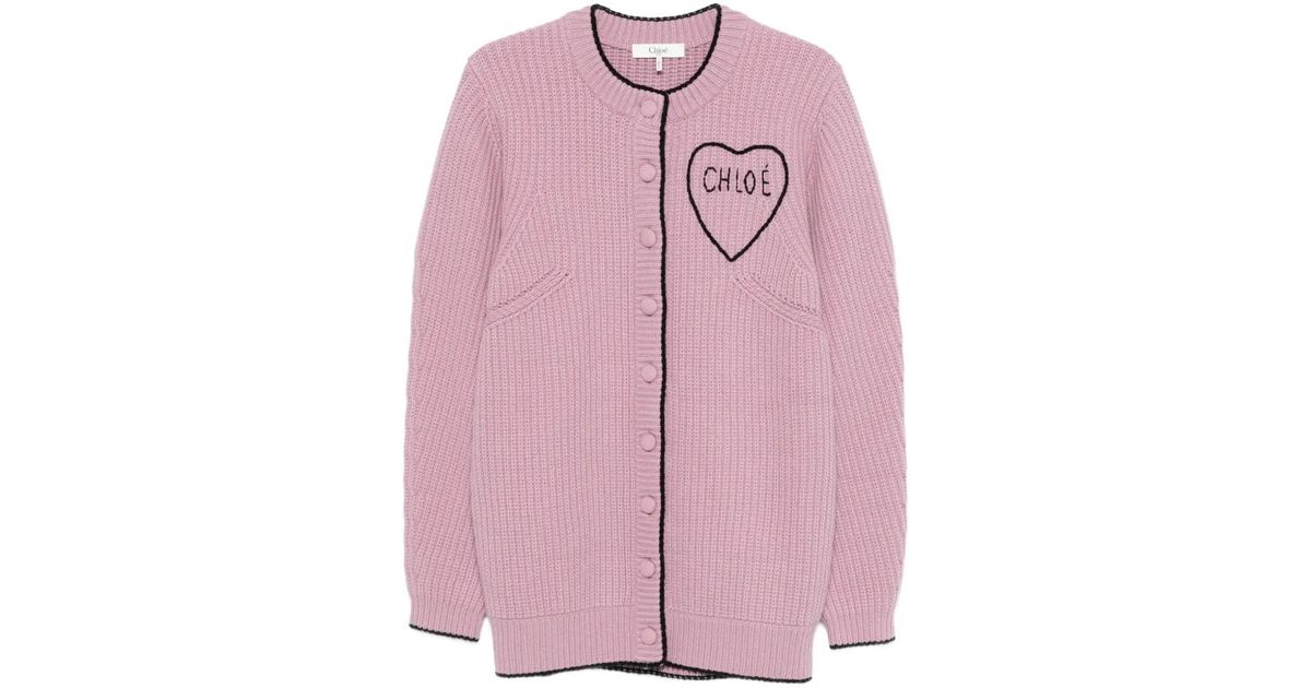 Chloé Logo Rib Knit Cardigan in Pink | Lyst