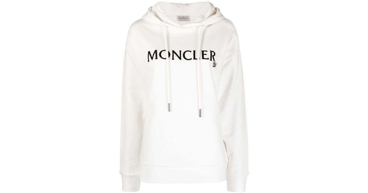 Moncler Logo-embroidered Drawstring Cotton Hoodie in White | Lyst Canada