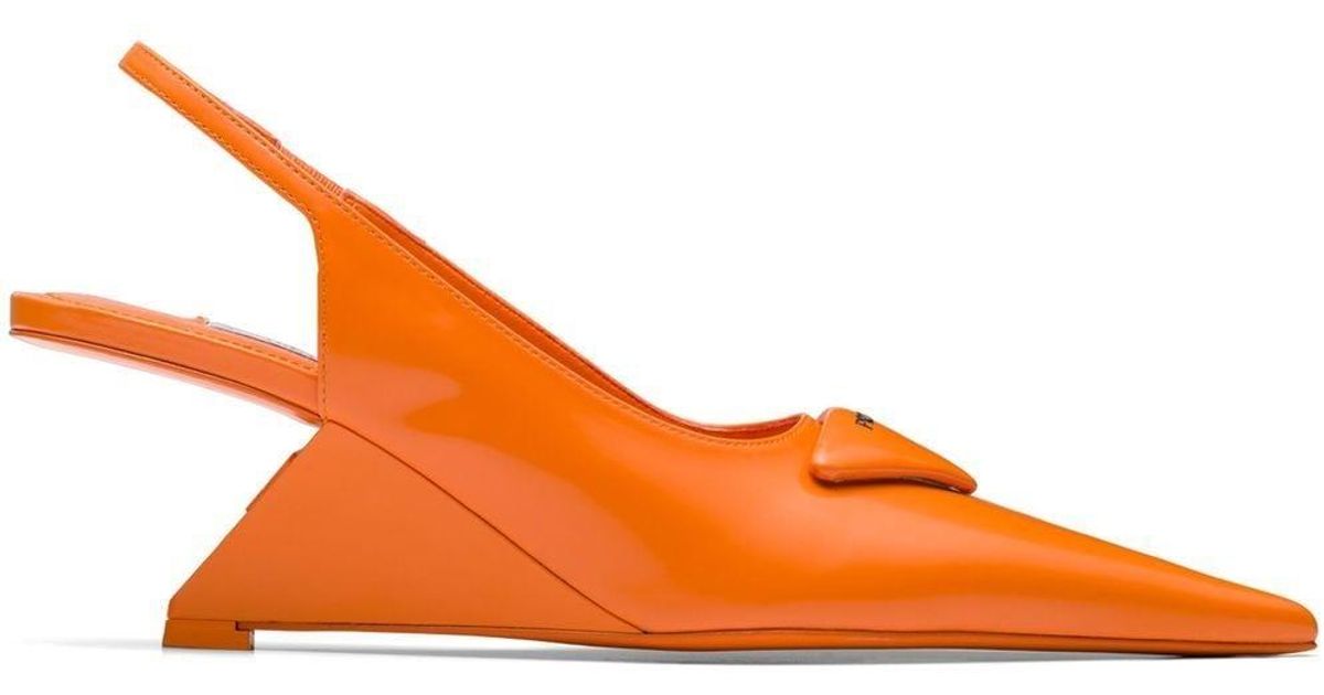 Prada Leather Slingback 70mm Block Heel Pumps in Orange | Lyst UK