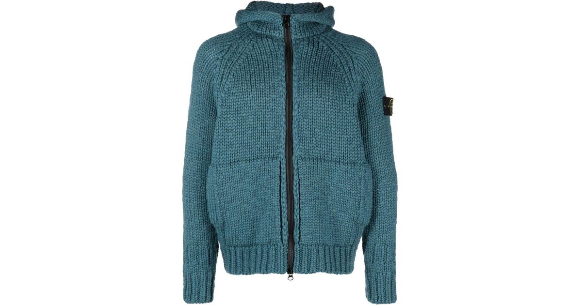 Stone Island Compass-patch Chunky-knit Hoodie in Blue for Men | Lyst
