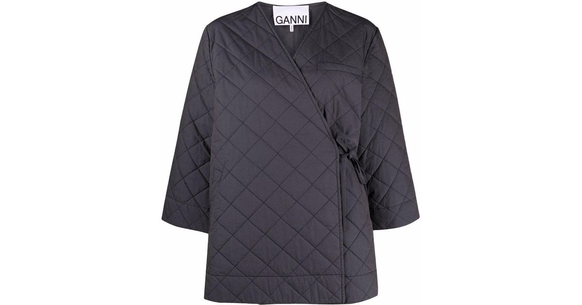 Ganni Oversized Quilted Canvas Wrap Jacket in Gray | Lyst