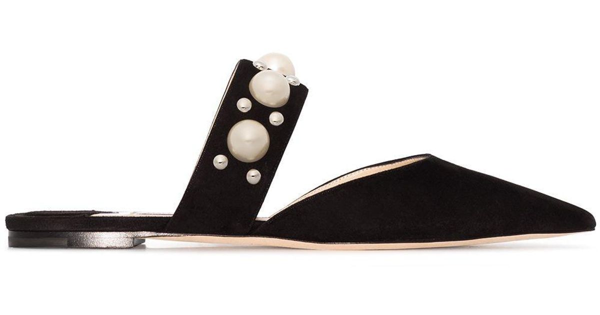 JIMMY CHOO BASETTE スエード スタッズ パール ミュール Jimmy Choo Basette Pearl-embellished Mules in Black | Lyst