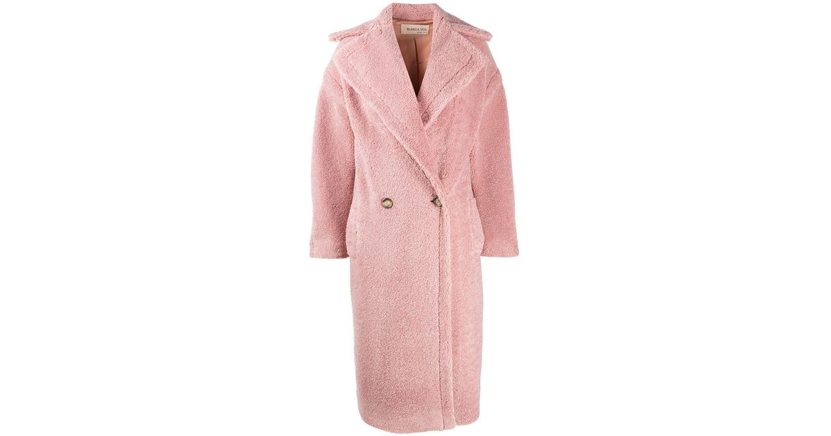 Blanca Vita Long Double-breasted Teddy Coat in Pink - Lyst