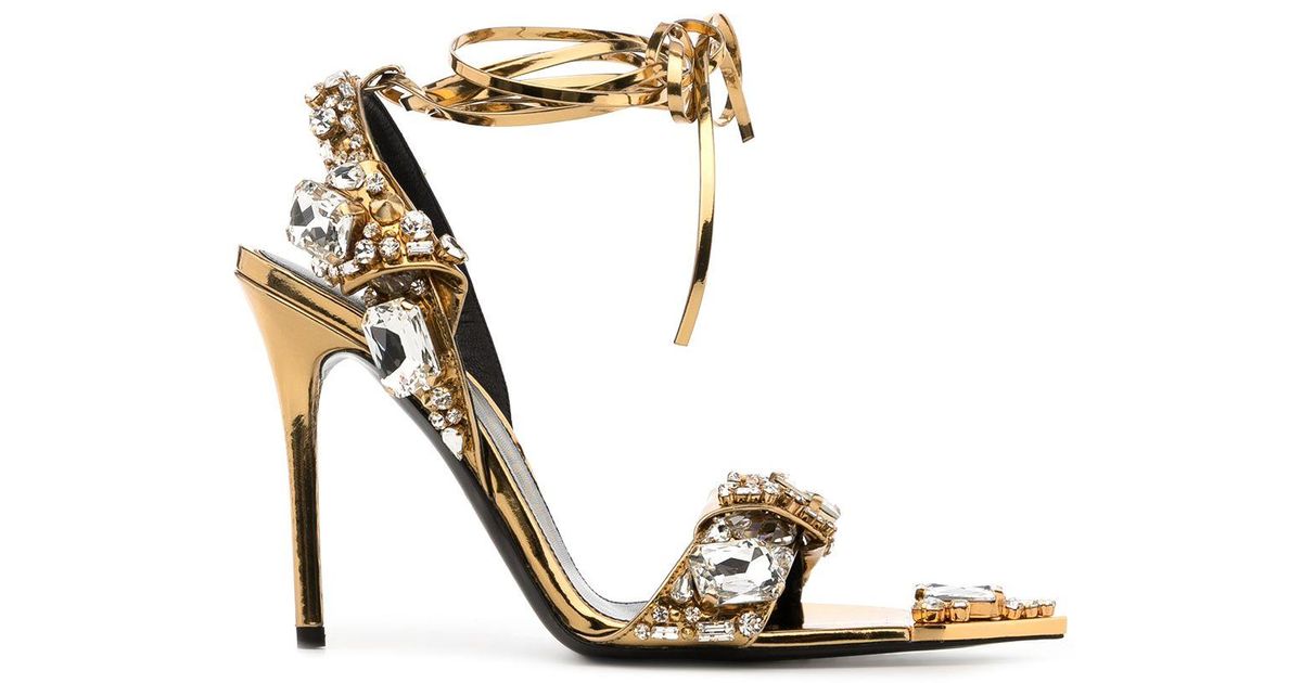 Tom Ford Leather Mirror 110cm Crystalembellished Sandals in Gold