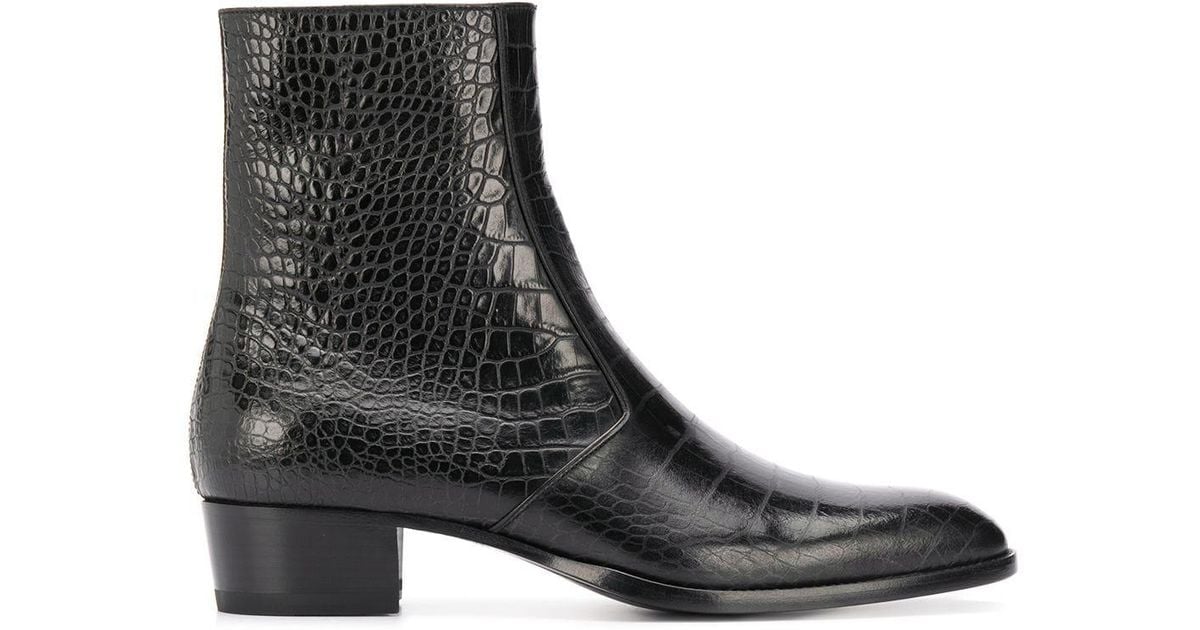 Saint Laurent Wyatt Crocodile-embossed Boots in Black for Men