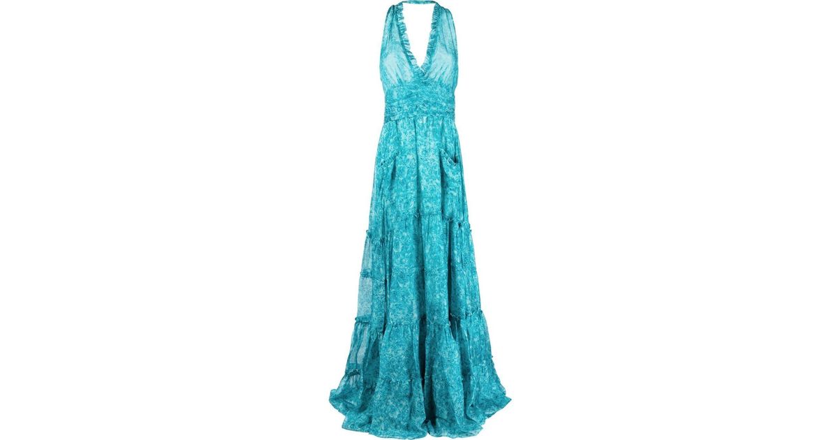 Luisa Beccaria Silk Floral-print Halterneck Dress in Blue | Lyst