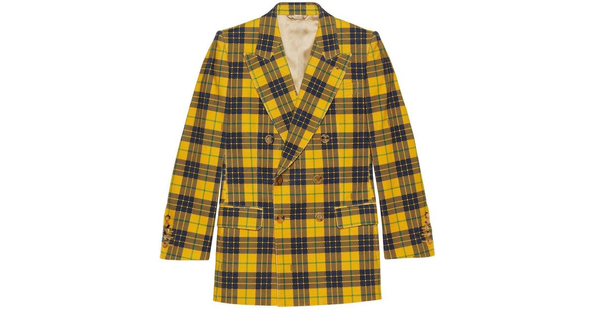 Gucci Cotton Checked Double-breasted Blazer in Yellow for Men | Lyst