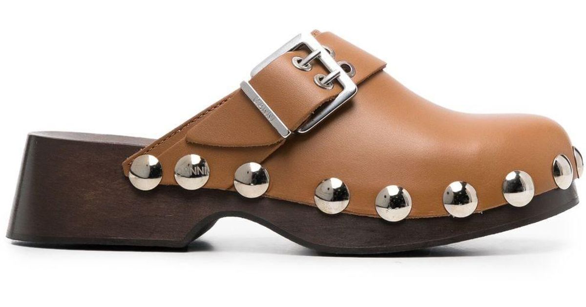 Ganni Leather Stud-detail Buckled Clogs in Brown - Save 3% | Lyst UK