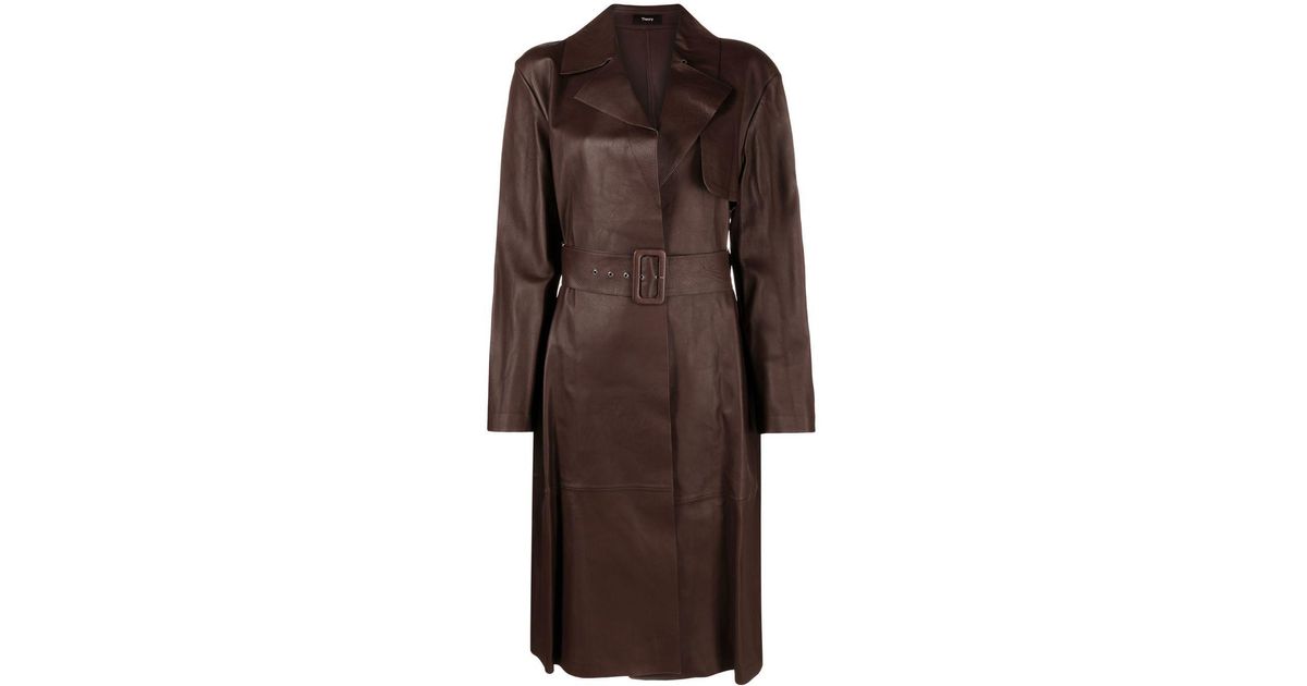 Theory Leather Lambskin Trench Coat in Brown | Lyst