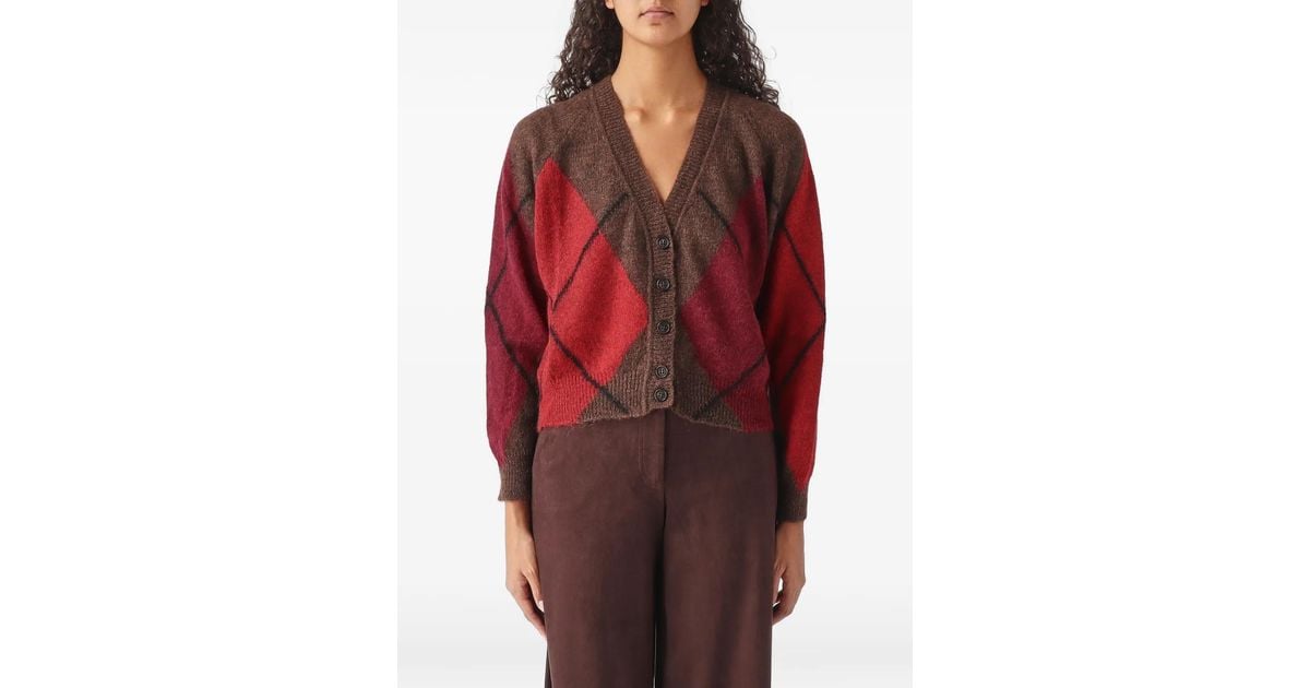 Nenette Chantal Argyle-Knit V-Neck Cardigan in Red | Lyst