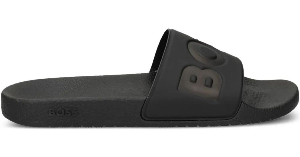 BOSS Italian-Made Slides With Large Logo Detail in Black for Men | Lyst