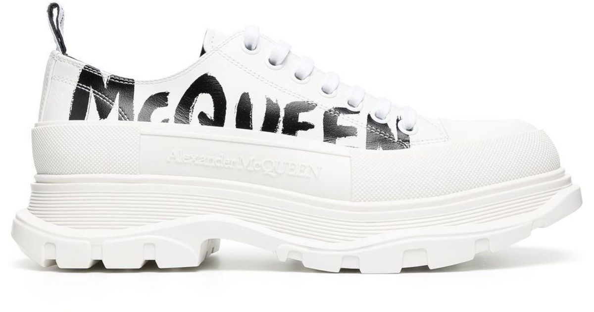 Alexander McQueen Leather Tread Slick Graffitiprint Sneakers in White