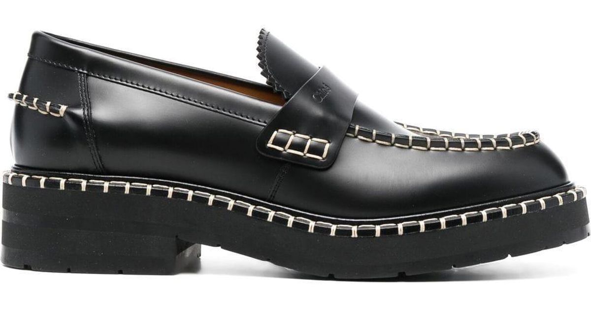 Chloé Noua Topstitched Leather Loafers in Black | Lyst