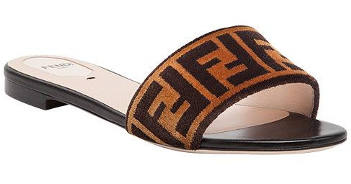 Fendi Open Toe Flat Sandals in Brown | Lyst