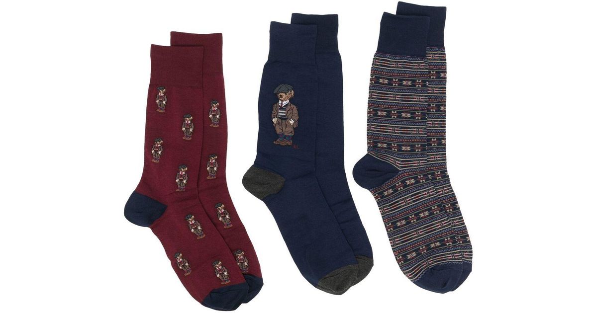 Polo Ralph Lauren Cotton Threepack Polo Bear Ankle Socks in Blue for