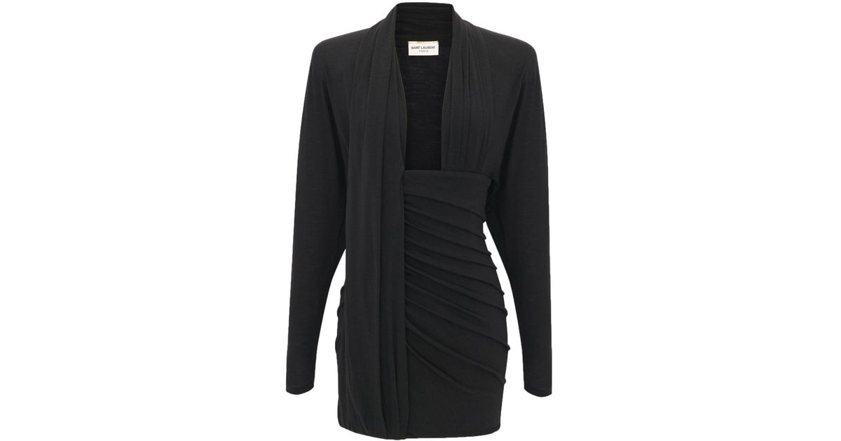 Saint Laurent Draped Wool-jersey Mini Dress in Black | Lyst