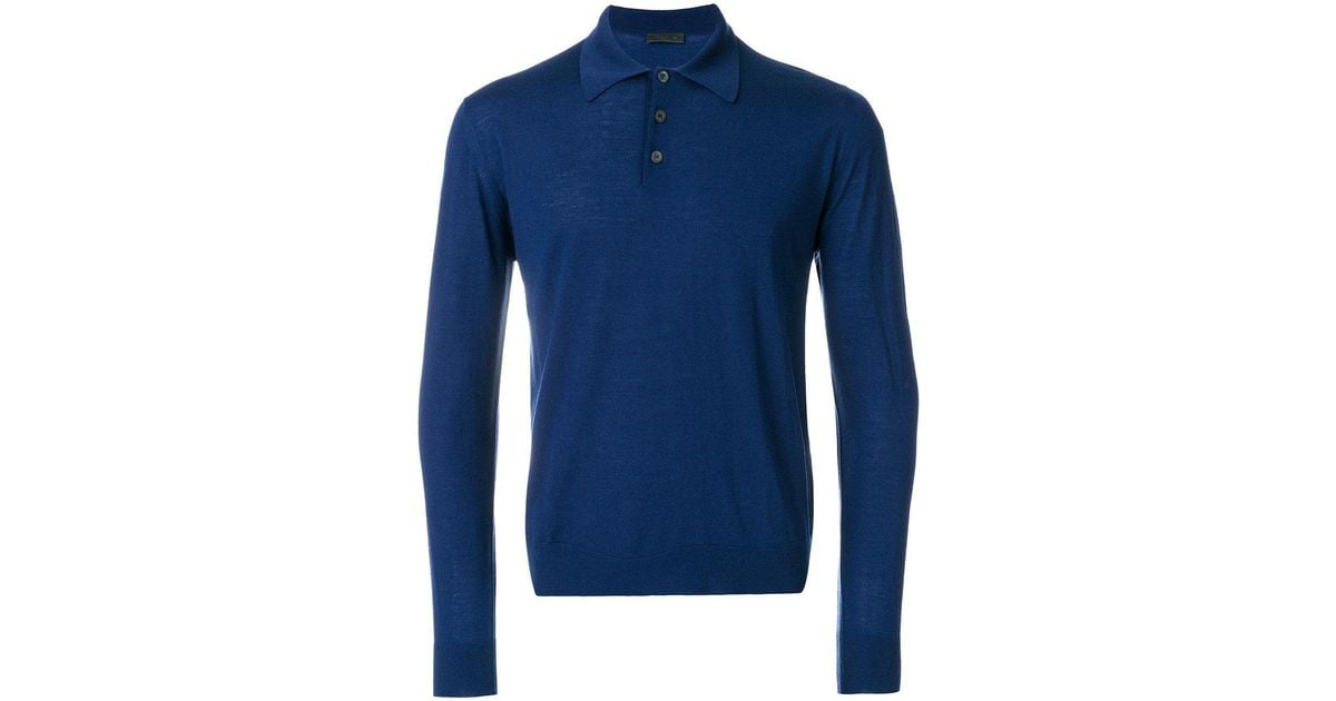 Prada Long Sleeve Polo Shirt in Blue for Men | Lyst