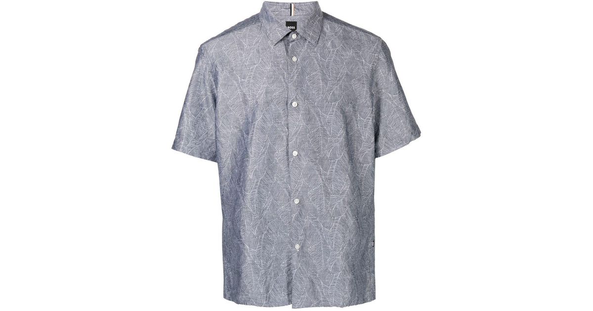 BOSS by HUGO BOSS Cotton Leafjacquard Shortsleeve Shirt in Blue for