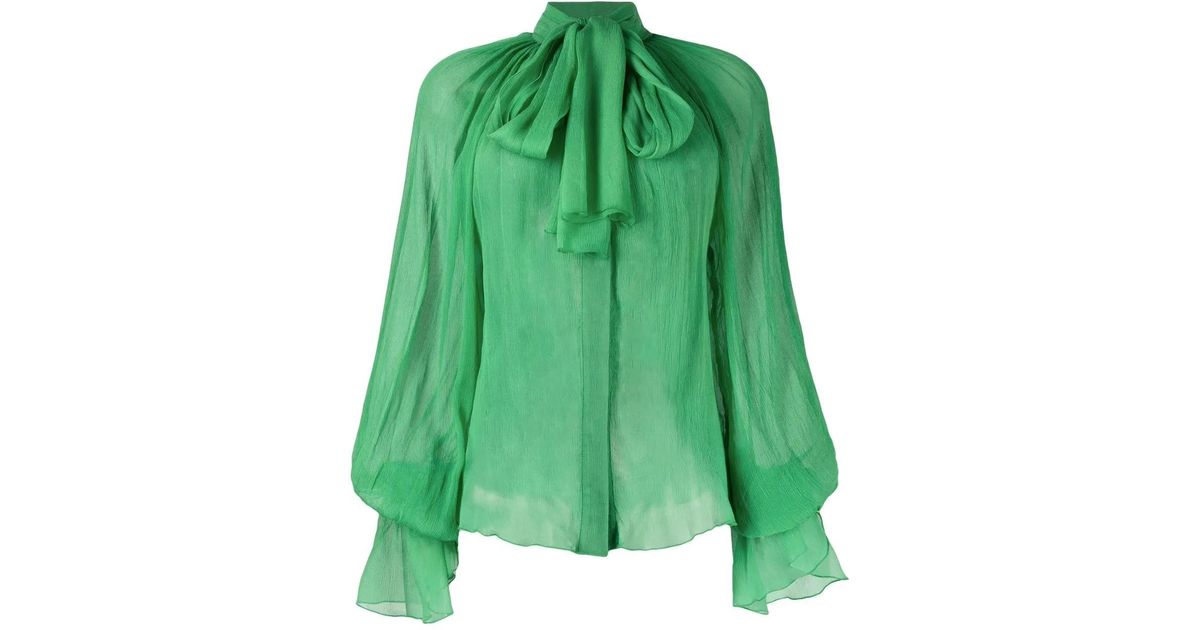 Atu Body Couture Pussy-Bow Silk Blouse in Green | Lyst