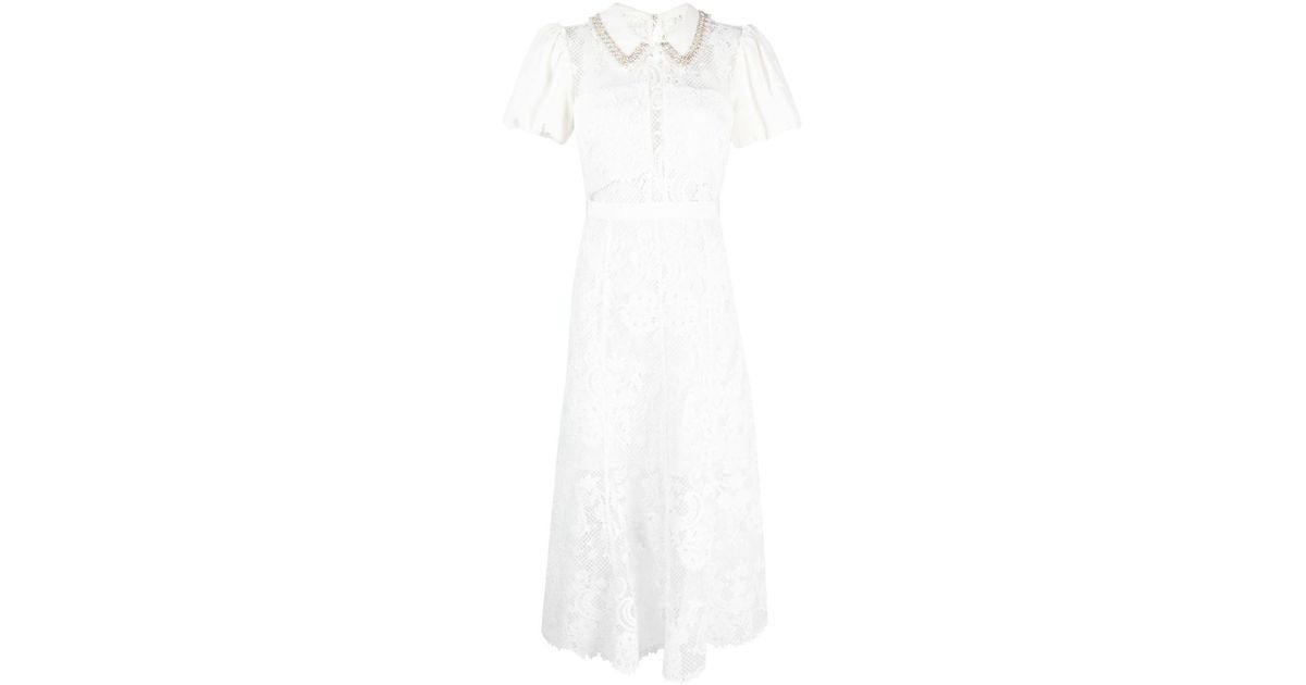 Self-Portrait Floral-lace Crystal-embellished Midi Dress in White | Lyst