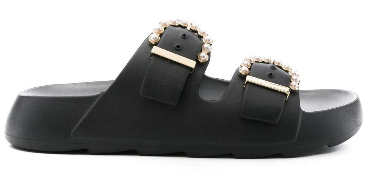Stuart Weitzman Embellished Buckle Slides in Black Lyst Canada