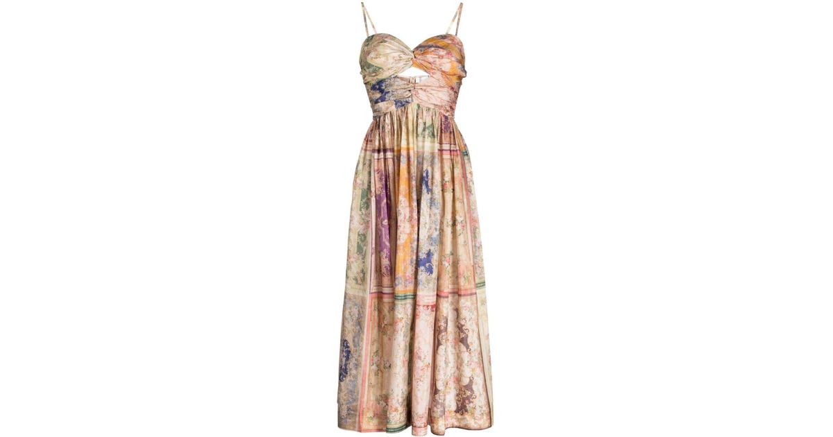 zimmermann august tie front midi dress ZIMMERMANN Mahon Tie Front Midi Dress | Women's 100% Cotton Designer Sweetheart Neckline Dress | Tan Hibiscus