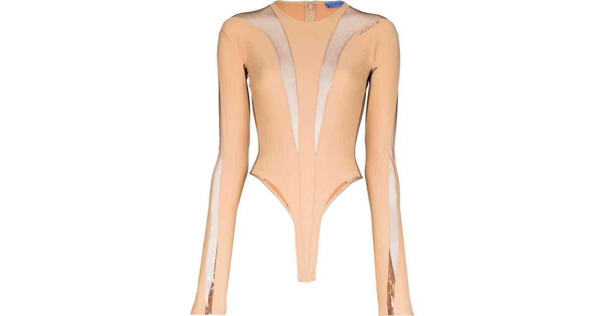 Mugler Panelled Longsleeve Sheer Bodysuit in Natural Lyst UK