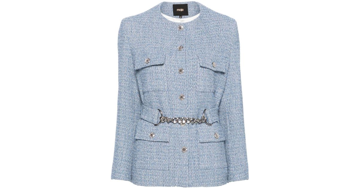 Maje Belted waist Tweed Jacket in Blue Lyst Canada