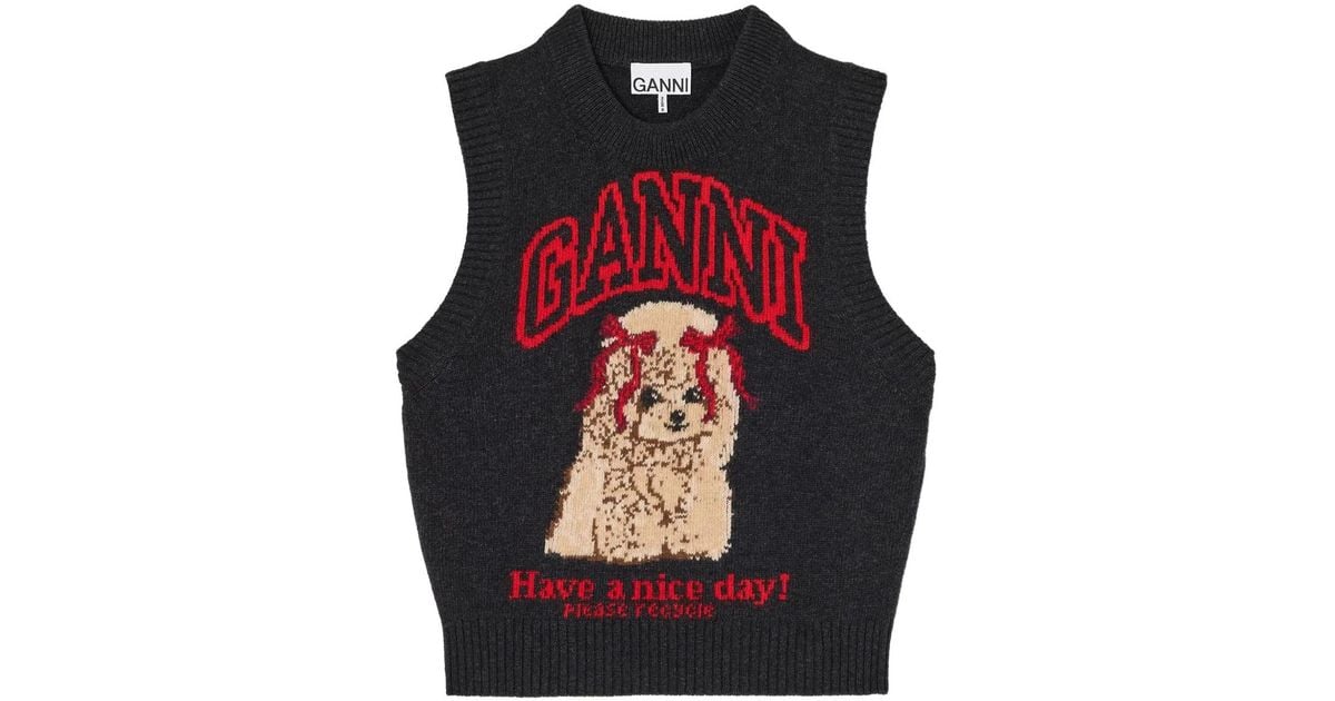 Ganni Wool Graphic Regular-Fit Sleeveless Ribbed Vest in Black | Lyst