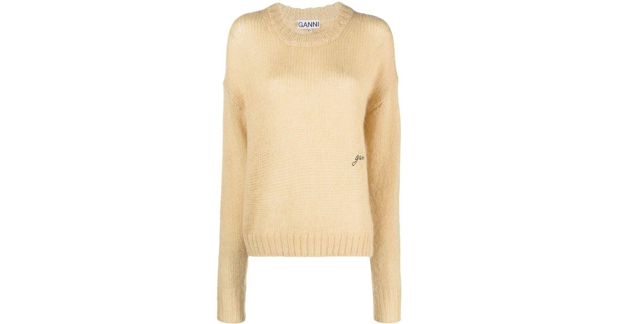 Ganni Logo-embroidered Knitted Jumper in Natural | Lyst