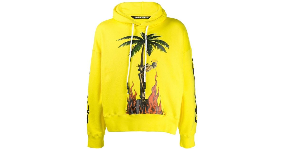 Palm Angels Burning Skeleton Print Hoodie in Yellow for Men