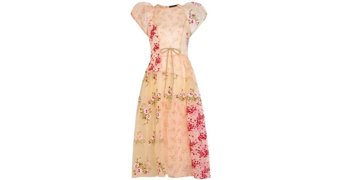 Simone Rocha Puff-Sleeve Floral-Pattern Midi Dress in Pink | Lyst