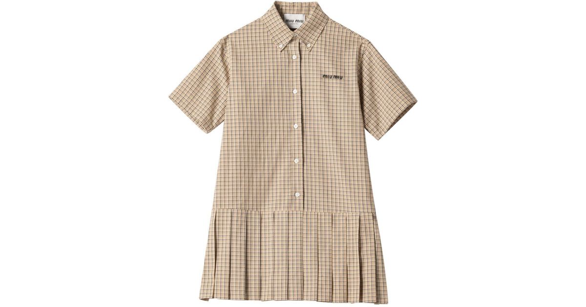 Miu Miu Pleated Check Dress in Natural | Lyst UK