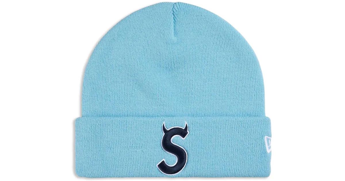 Supreme X New Era Devil S Logo-Embroidered Beanie Hat in Blue for