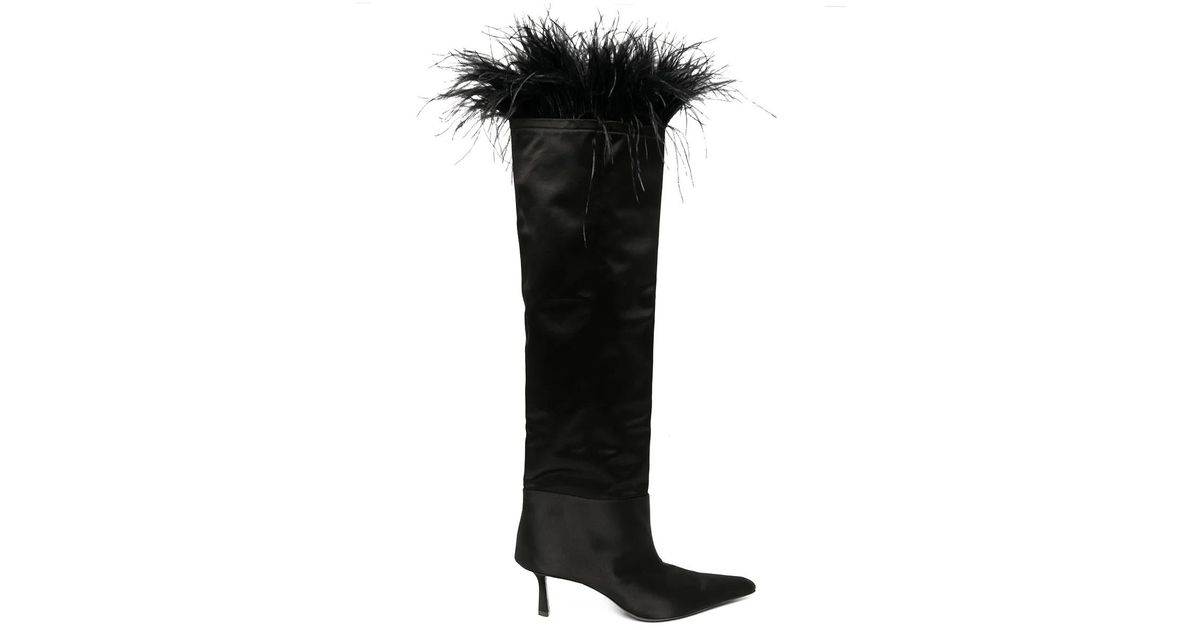 Alexander Wang Viola Feather-Trim Satin Boots in Black | Lyst