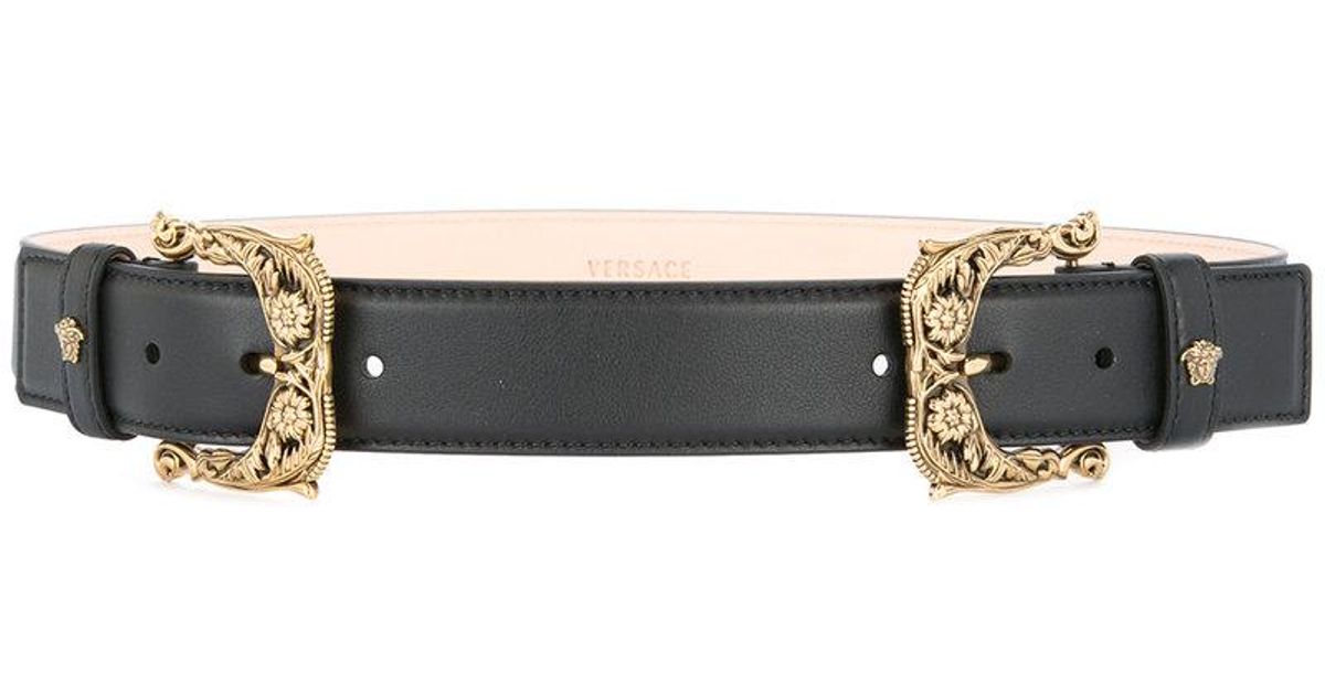 Versace Leather Antique Double Buckle Belt in Black - Lyst