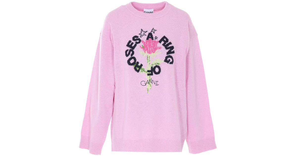 Ganni Ring Of Roses Crew-Neck Sweater in Pink | Lyst
