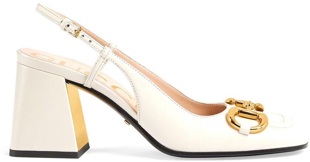 Gucci Leather Horsebit Mid-heel Slingback Pumps in White | Lyst