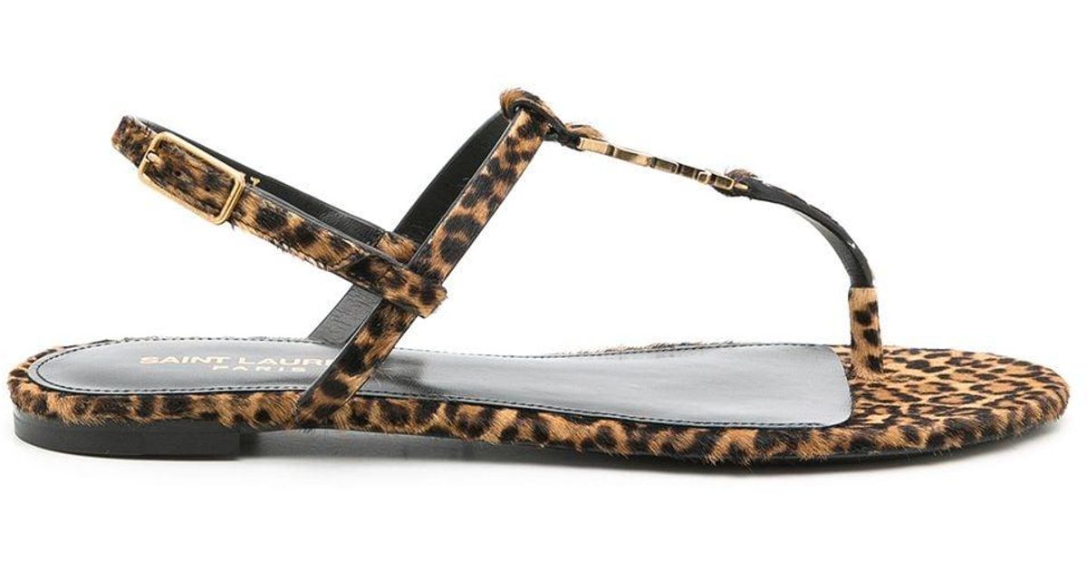 Saint Laurent Leather Cassandra Leopard-print Thong Sandals in Brown ...