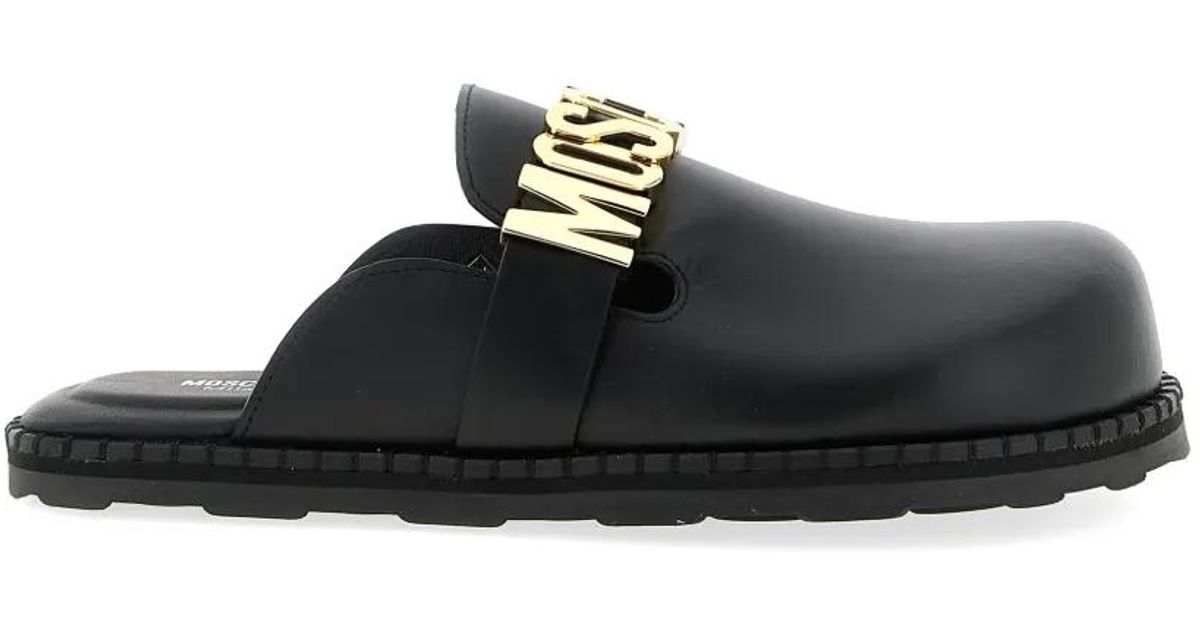 Mules Lettering Moschino Metal-Lettering Leather Mules in Black | Lyst