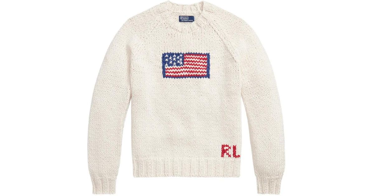 Polo Ralph Lauren Flag-Intarsia Chunky-Knit Sweater in White for Men | Lyst