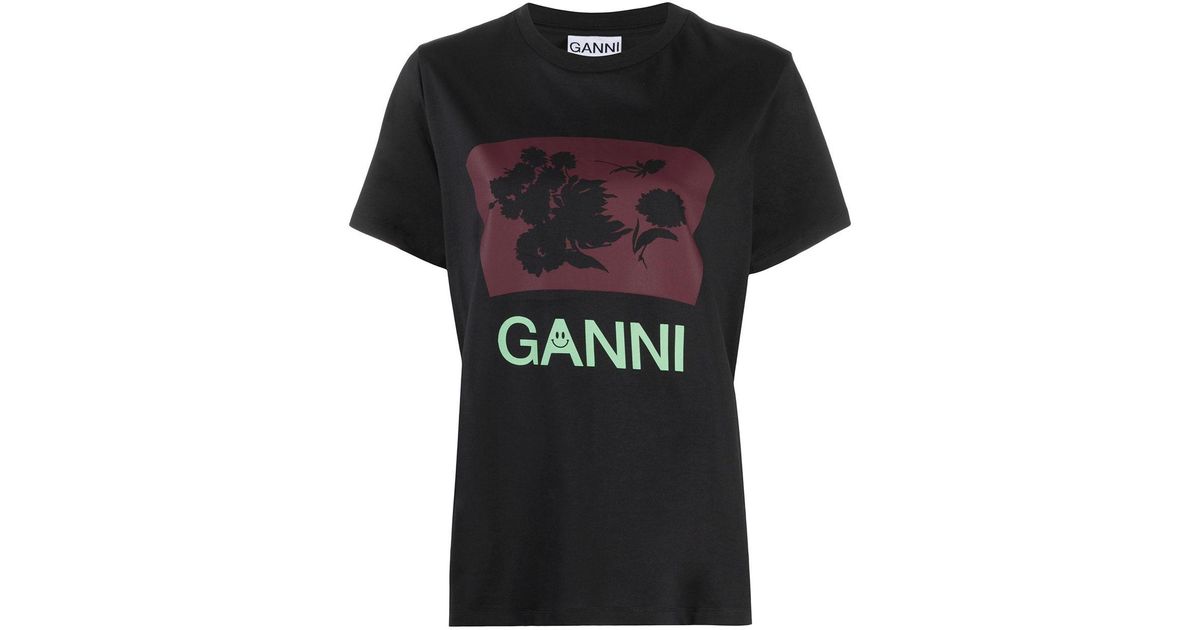 Ganni Floral-print Logo T-shirt in Black | Lyst
