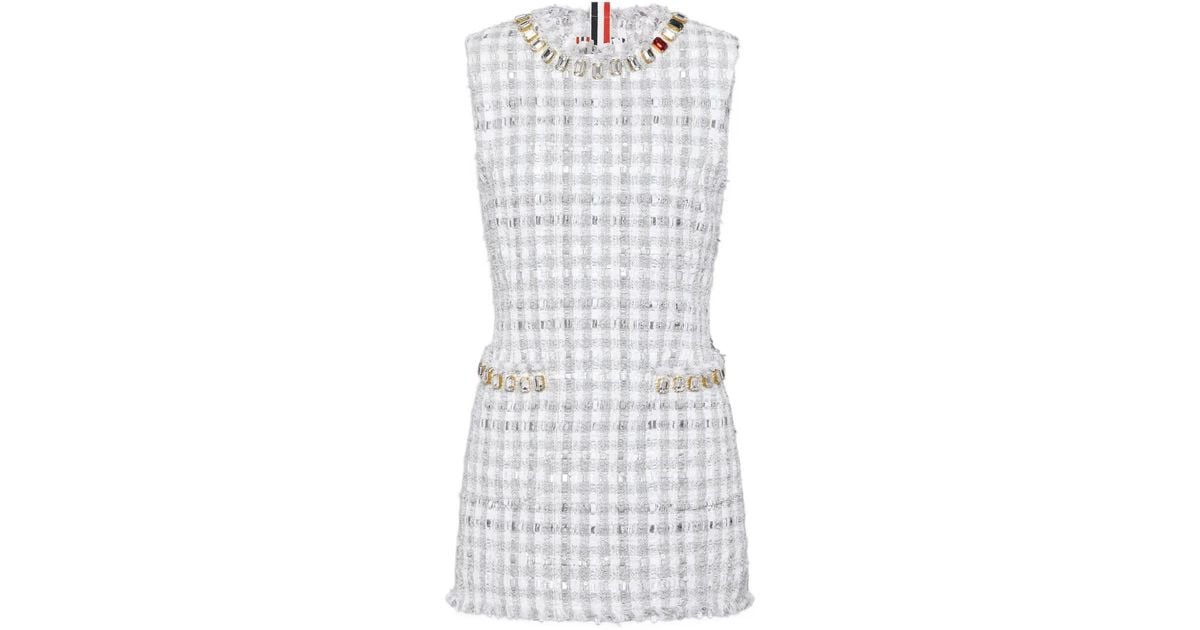 Thom Merillin Robe Thom Browne Gingham Satin Ribbon Tweed Mini Pencil Dress With Swarovski ...