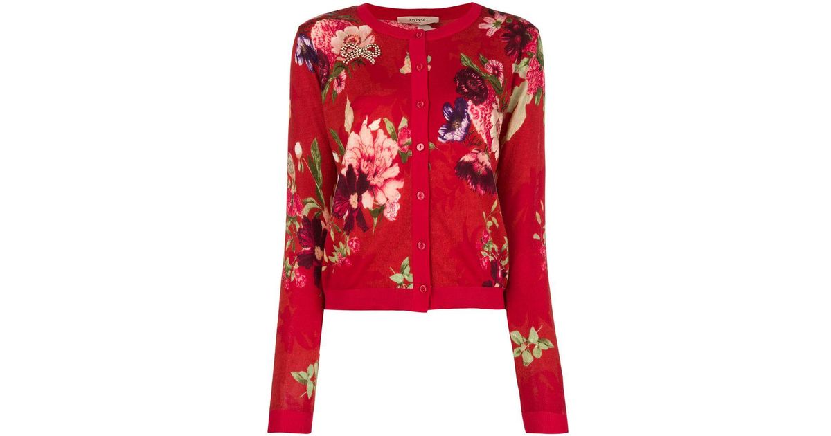 Twin Set Wool Floral Cardigan in Red - Lyst