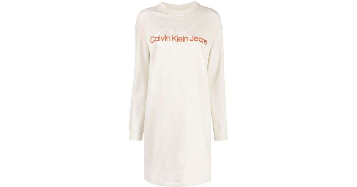 Calvin Klein Denim Logo-embroidered Sweatshirt Dress in Natural | Lyst