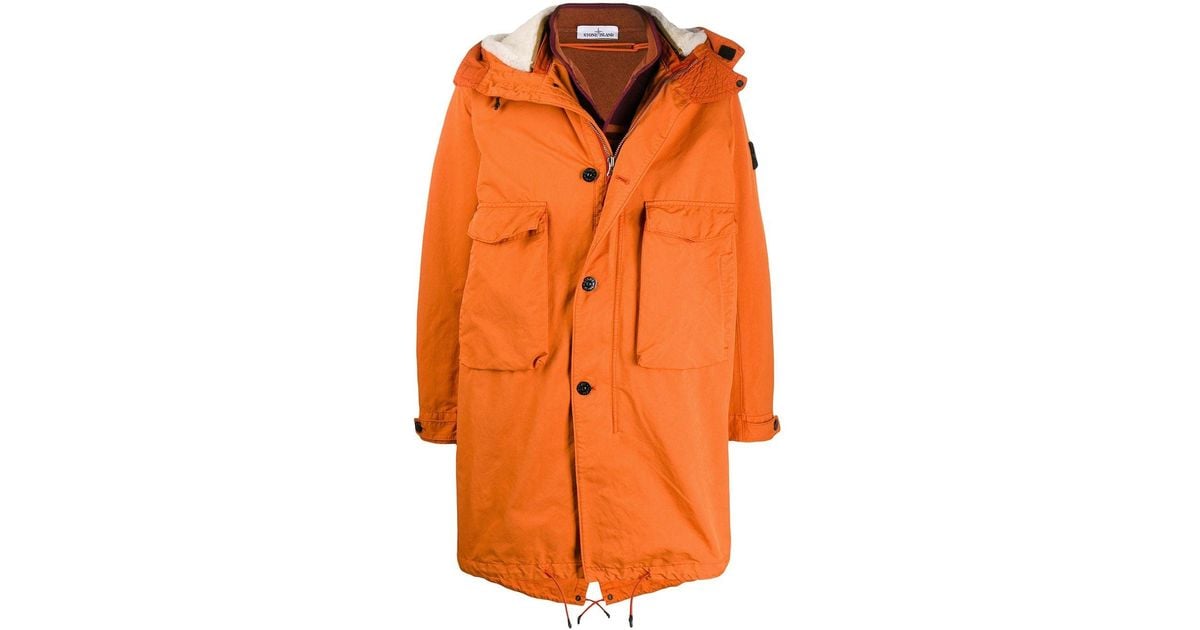Stone Island Synthetic Shearling Lined Parka Coat in Orange for Men | Lyst