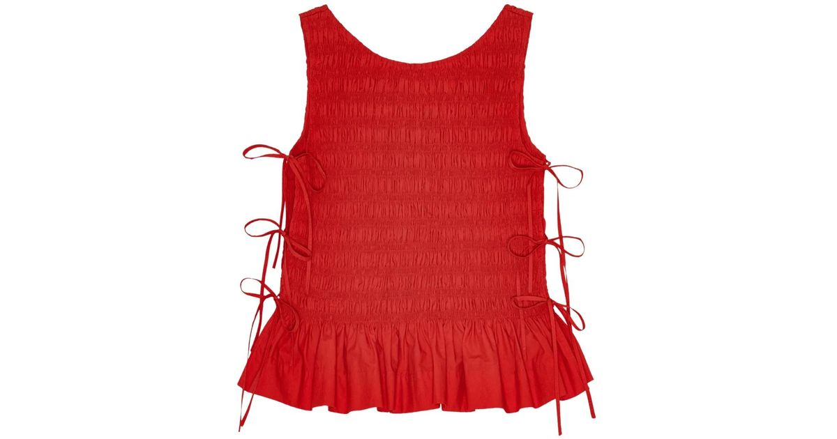 Ganni Smocked Tie-Fastening Top in Red | Lyst